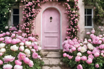 The door of the house and the flowers in front of the door. Pink door, pink wall and plants