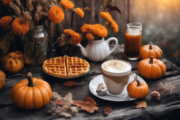 decoration for Halloween, still life, a cup of hot latte and waffers and pumpkins on an old wooden table against the background of beautiful autumn nature at sunset