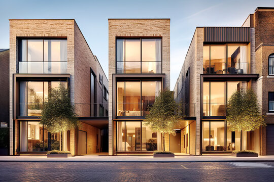 Minimalist row brick houses with big windows on city street. Residential urban architecture exterior.
