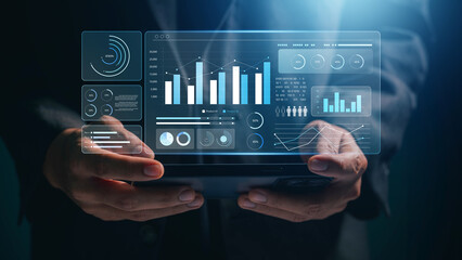 analyst works on a smartphone showing Financial Data Analysis and Data Management System for Business Growth Market Research, Financial Growth and Strategy Development