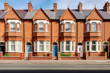 Brick row victorian style private houses. Residential architecture exterior. - obrazy, fototapety, plakaty