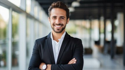 Young handsome businessman wearing elegant jacket standing over isolated background at the office. - obrazy, fototapety, plakaty