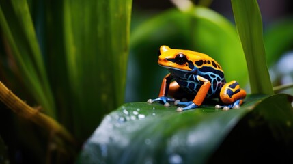 macro of a blue and yellow poison dart frog sitting in the tropical rainforest