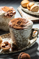 hot chocolate with whipped cream. vertical image. top view. place for text