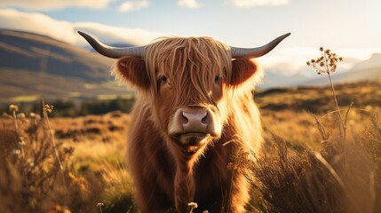 Brown scottish highland cow standing on a field - obrazy, fototapety, plakaty