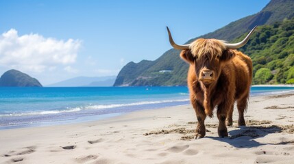 Brown scottish highland cow standing on a tropical beach - obrazy, fototapety, plakaty