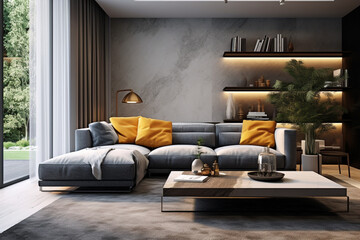 Interior design of modern apartment, living room with sofa and coffee tables 3d