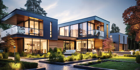 Modern luxury minimalist cubic house, villa with wooden cladding and black panel walls and landscaping design front yard. Residential architecture exterior. - Powered by Adobe