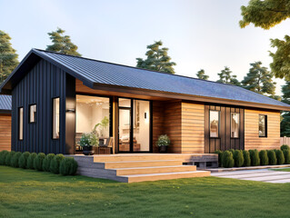 Modern ranch style private house with timber wood cladding. Residential architecture exterior.