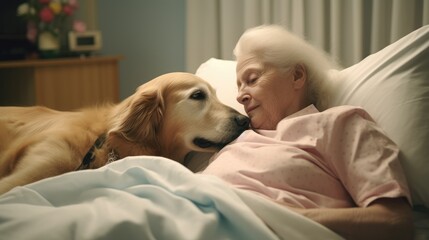 Golden retriever dog visiting on old and sick woman in a hospital