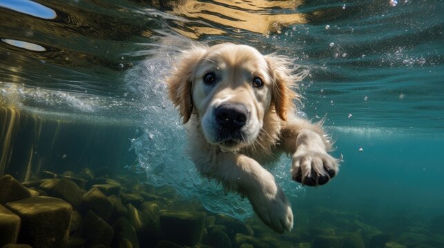 Golden retriever dog diving in the water, close-up underwater image
