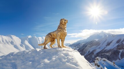 Giant statue of a golden retriever dog made of pure gold standing in a snowy mountain landscape