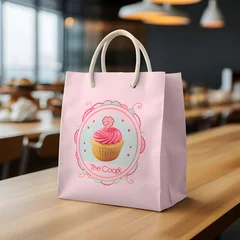 Gordijnen pink cake shop bag mockup, small paper bag, on a light table against the background of shelves in a pastry shop © Natalya