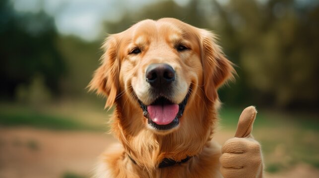 Happy golden retriever dog together with a raising thump