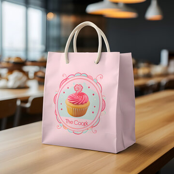 pink cake shop bag mockup, small paper bag, on a light table against the background of shelves in a pastry shop
