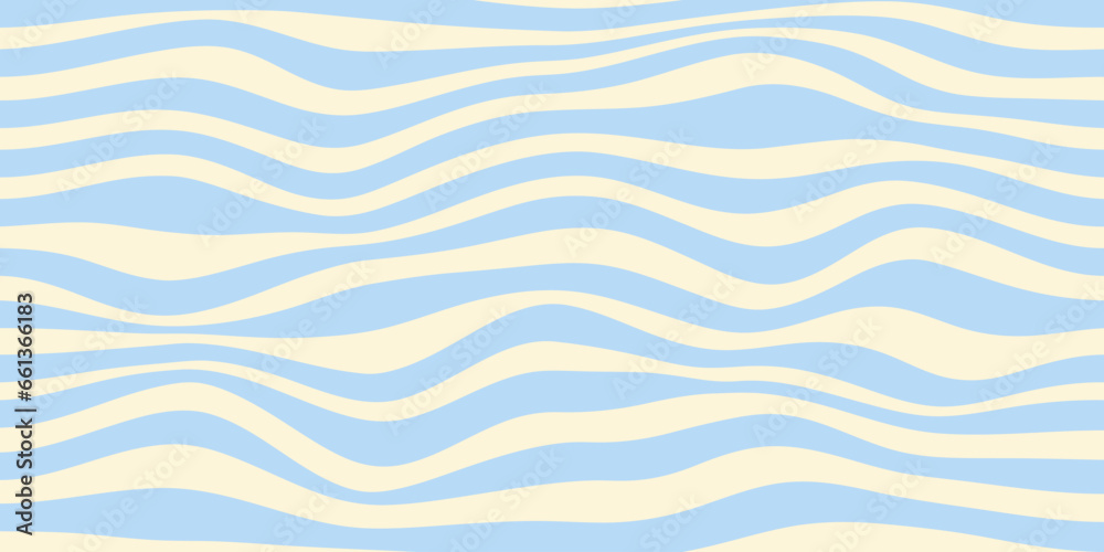 Poster Wavy stripes horizontal background. Abstract geometric retro texture. Blue wavy distorted stripes on a beige background. Vector illustration