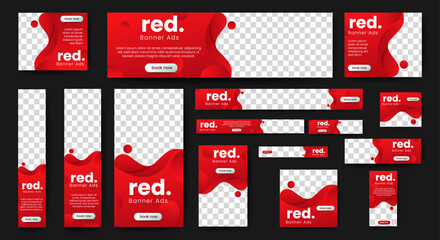 Red Web banners templates, standard sizes with space for photo, modern design. vector	