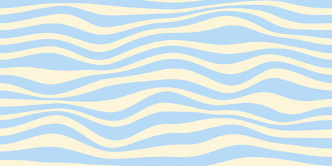 Wavy stripes horizontal background. Abstract geometric retro texture. Blue wavy distorted stripes on a beige background. Vector illustration