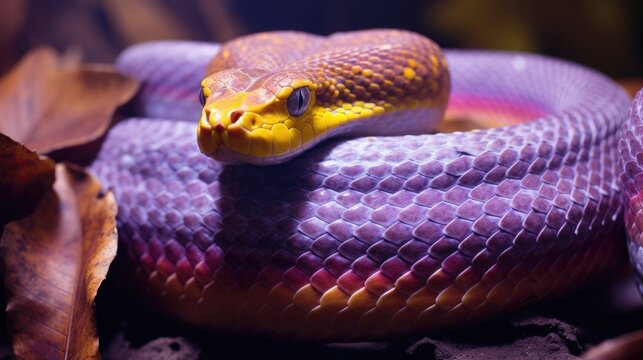 macro shot of a magenta and golden python snake in the jungle