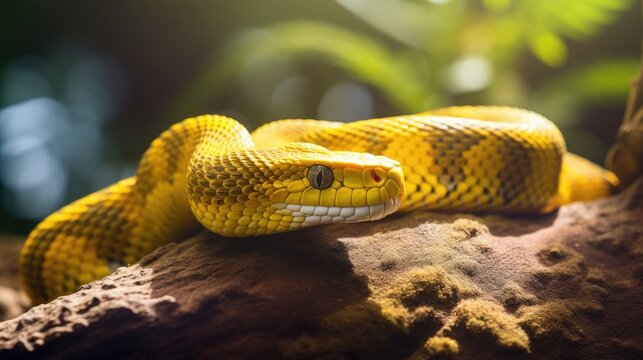 Macro Shot Of A Yellow Python Snake In The Jungle