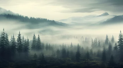 Papier Peint photo Lavable Forêt dans le brouillard The landscape of pine forests on the mountains is interspersed with morning mist. natural background concept