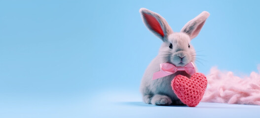 Knitted gray bunny with a crocheted pink heart on a blue background