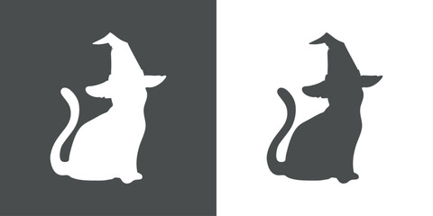 Logo con silueta de gato negro sentado con sombrero de bruja para su uso en invitaciones y tarjetas de Halloween