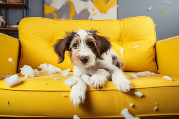 Bored puppy dog destroyed sofa cushion while was home alone. Generative Ai - obrazy, fototapety, plakaty