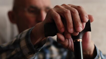 Close up side profile photo of grey hair he his him grandpa leaning with grief on walking stick looking straight oldness in mind casual checkered shirt sitting on cozy divan