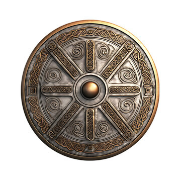 Ancient Celtic Concave Round Shield Isolated on Transparent or White Background, PNG