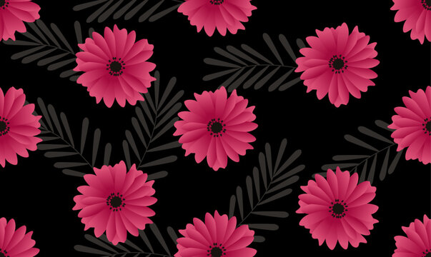Seamless pattern with flowers. Vector illustration. Pink flowers and dark background