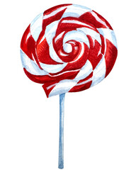 Watercolor cand with lollipops and mint candy. Watercolor illustration for winter holidays design. caramel, candy canes, lollipop, dragees, mint candies isolated on white background. 