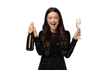 PNG party girl with champagne and glass isolated on white background. © Atlas