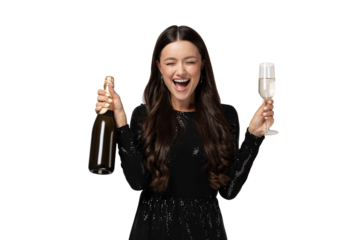 PNG party girl with champagne and glass isolated on white background.