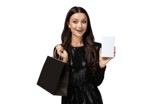 PNG, shopping girl with blank notebook in hands, isolated on white background.