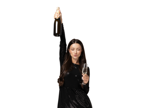 PNG party girl with champagne and glass isolated on white background.