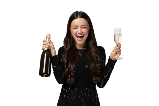 PNG party girl with champagne and glass isolated on white background.