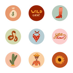 Trendy and cozy round highlights for different social media, blogs, business, branding with Wild West illustrations. Cover icons for stories with cowboy western vector clipart in warm colors.