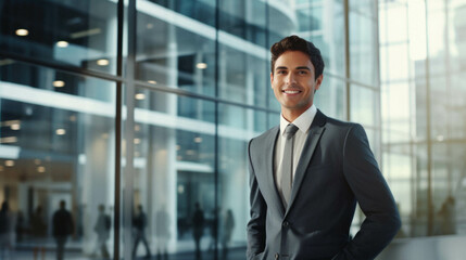 Fototapeta premium Portrait of smiling businessman in modern office glass lobby.