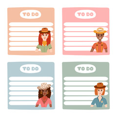 Cute hand drawn set with notebook templates for to do, to buy list, note with cowboy and western illustrations. Printable, editable diary elements for weekly planner, bullet journal, school schedule