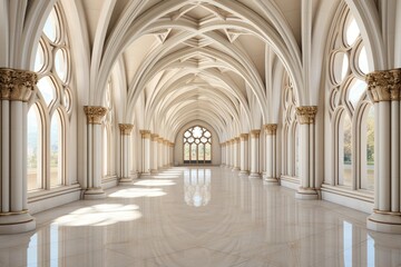 Fototapeta na wymiar A European-style hallway adorned with an immaculate all-white interior, regal gold-decorated columns, and a marble floor, exuding a timeless sense of sophistication. Photorealistic illustration