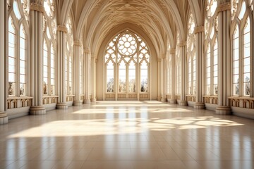 The European-style hall showcases a pristine all-off-white interior, with large windows that allow natural light to flood the space, creating an open and airy ambiance. Photorealistic illustration