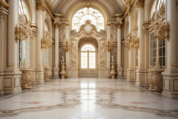 Obraz premium The European-style hall features an elegant all-off-white interior adorned with gold decorations, and its grandeur is further accentuated by the marble floor. Photorealistic illustration