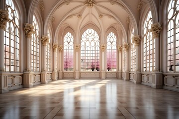 Fototapeta na wymiar In the European-style hall, the off-white interior and abundant windows infuse the space with a sense of brightness and airiness. Photorealistic illustration