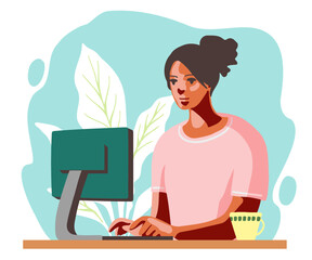 パソコンを使う若い女性のイラスト