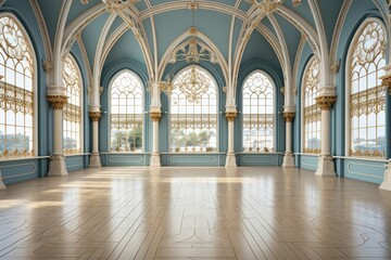 Fototapeta na wymiar The European-style hall features a light blue interior complemented by white columns adorned with gold decorations, creating a sense of sophistication. Photorealistic illustration