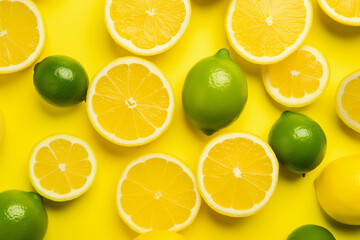 Lime among lemons on yellow background, flat lay