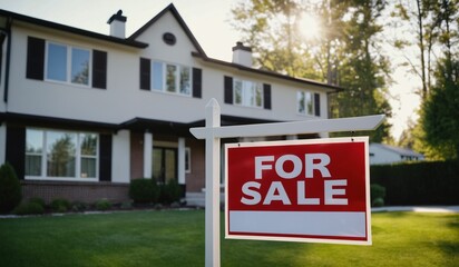 Red 'For Sale' sign in a grassy yard in front of a large house.