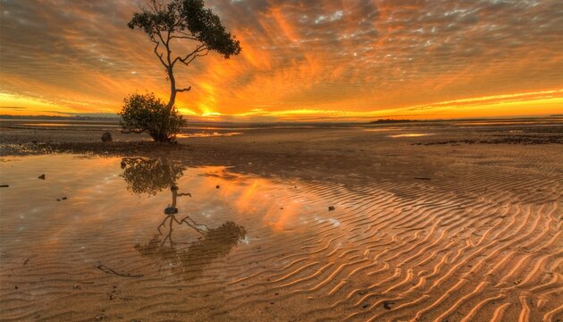 Solitary tree at Wellington Point, Redlands, Brisbane, Queensland, Australia at sunset