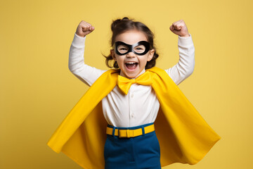 young boy child in a superhero costume, striking a triumphant pose with a smile, brave and confidence concept. Generative AI - obrazy, fototapety, plakaty